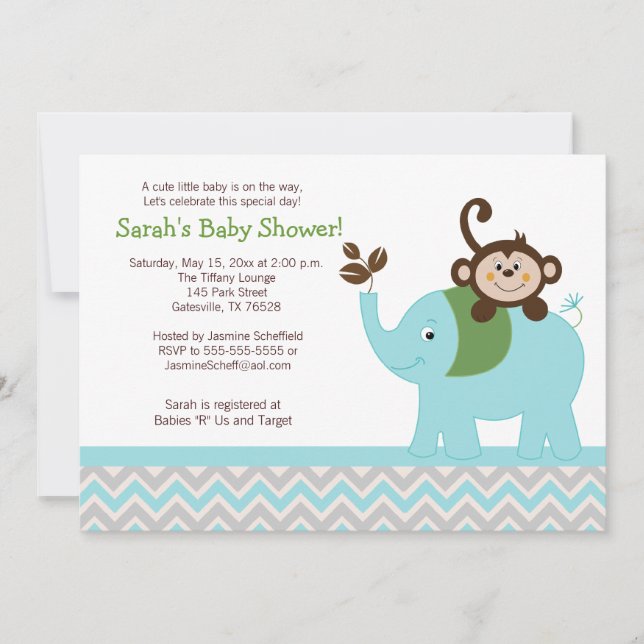 Monkey and Elephant Blue/Silver Chevron Invitation (Front)