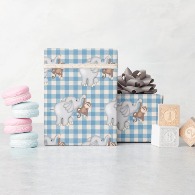Monkey and Elephant On Gingham Wrapping Paper (Baby Shower)