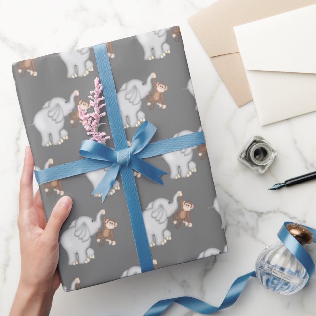Monkey and Elephant On Grey Wrapping Paper (Gifting)