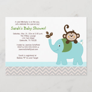 Monkey and Elephant Silver Chevron Baby Shower Invitation