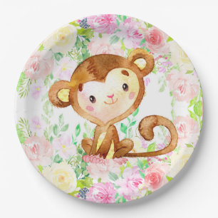 Monkey and flowers girl baby shower paper plates. plate
