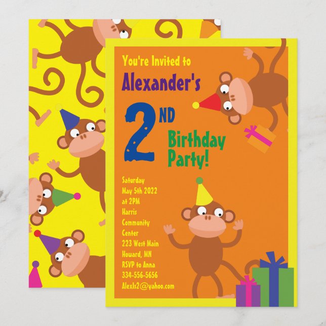 Monkey Animal Kid's Birthday Party Invitations (Front/Back)