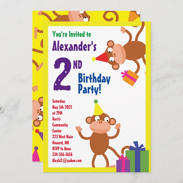 Monkey Animal Kid's Birthday Party Invitations (Front/Back)