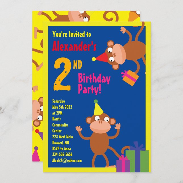 Monkey Animal Kid's Birthday Party Invitations (Front/Back)