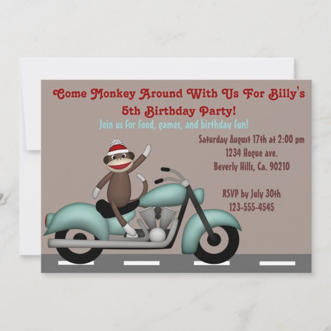 Monkey Around Motorcycle Birthday Invitation (Front)