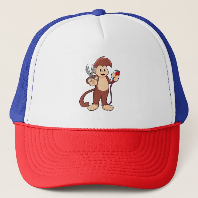 Monkey as Hairdresser with Scissors & Razor Trucker Hat (Front)