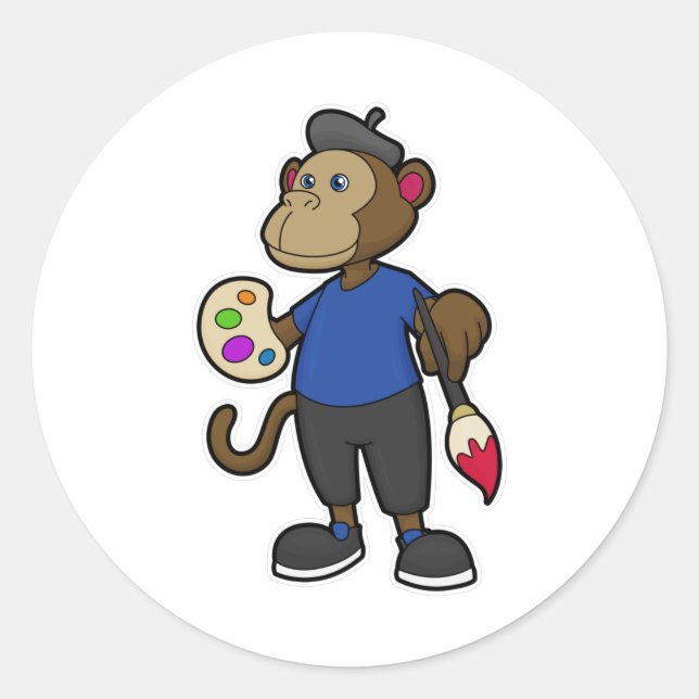 Monkey as Painter with Paint & Brush Classic Round Sticker (Front)