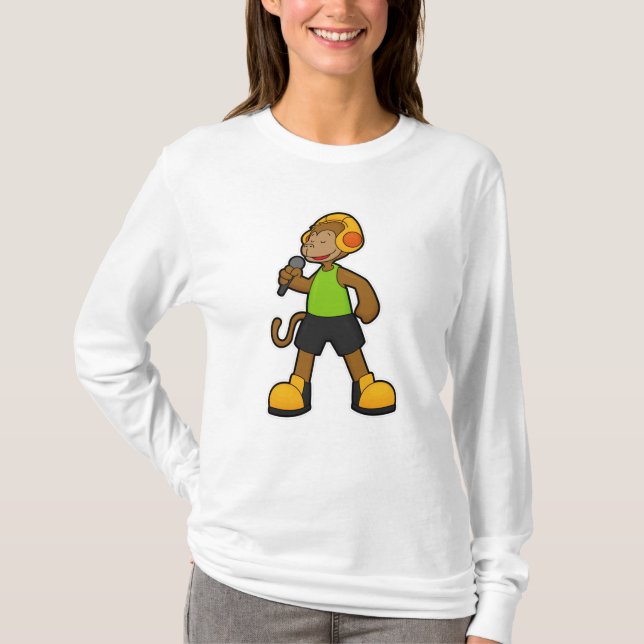 Monkey as Singer with Microphone & Headphone T-Shirt (Front)