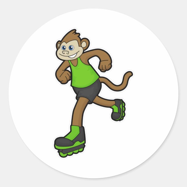 Monkey as Skater with Inline skates Classic Round Sticker (Front)