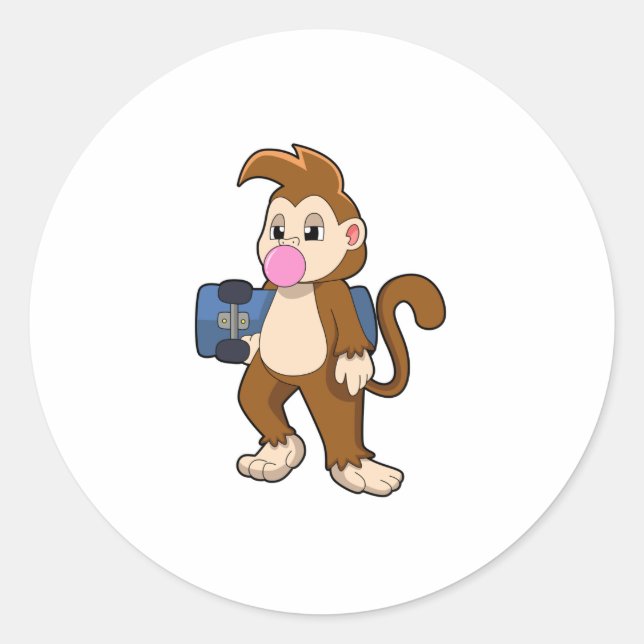 Monkey as Skater with Skateboard Classic Round Sticker (Front)