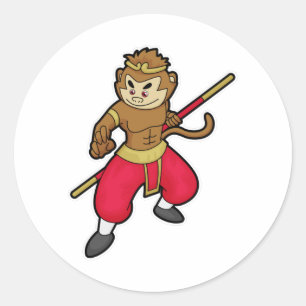 Monkey as Warrior with Staff & Headband Classic Round Sticker