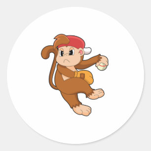 Monkey at Baseball with Baseball glove Classic Round Sticker