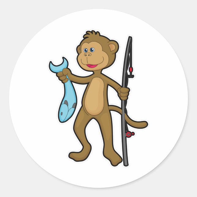 Monkey at Fishing with Fishing rod & Fish Classic Round Sticker (Front)