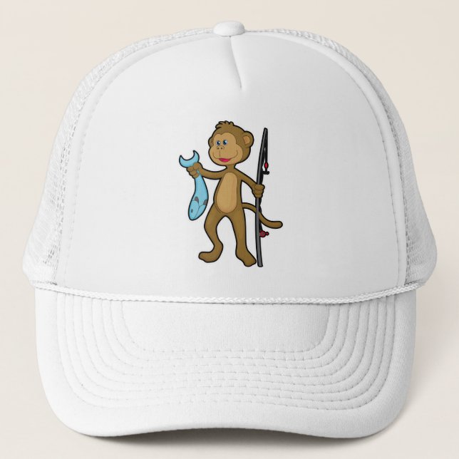 Monkey at Fishing with Fishing rod & Fish Trucker Hat (Front)