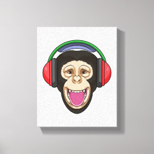 Monkey at Music with Headphone Canvas Print