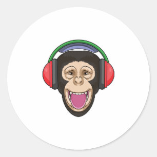Monkey at Music with Headphone Classic Round Sticker