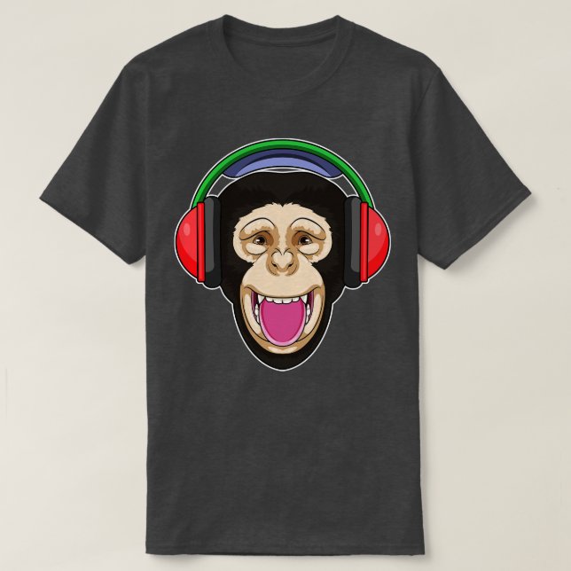 Monkey at Music with Headphone T-Shirt (Design Front)