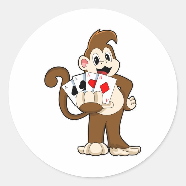 Monkey at Poker with Poker cards Classic Round Sticker (Front)