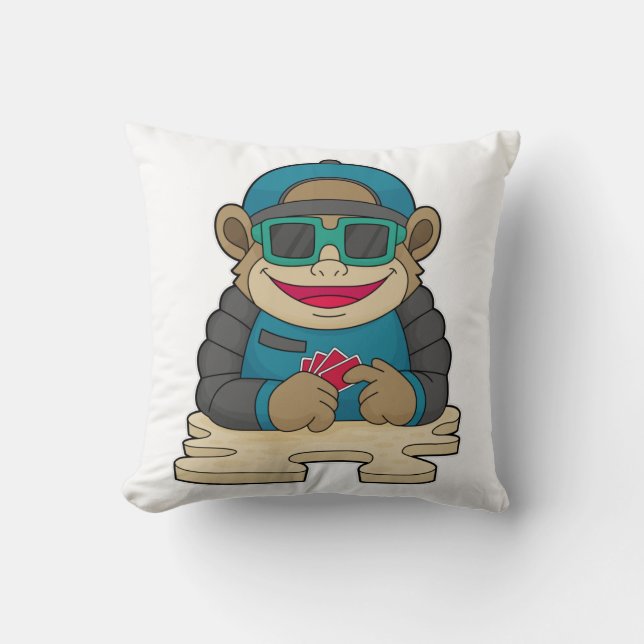 Monkey at Poker with Poker cards & Sunglasses Cushion (Front)