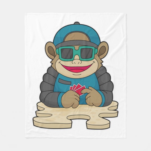 Monkey at Poker with Poker cards & Sunglasses Fleece Blanket (Front)