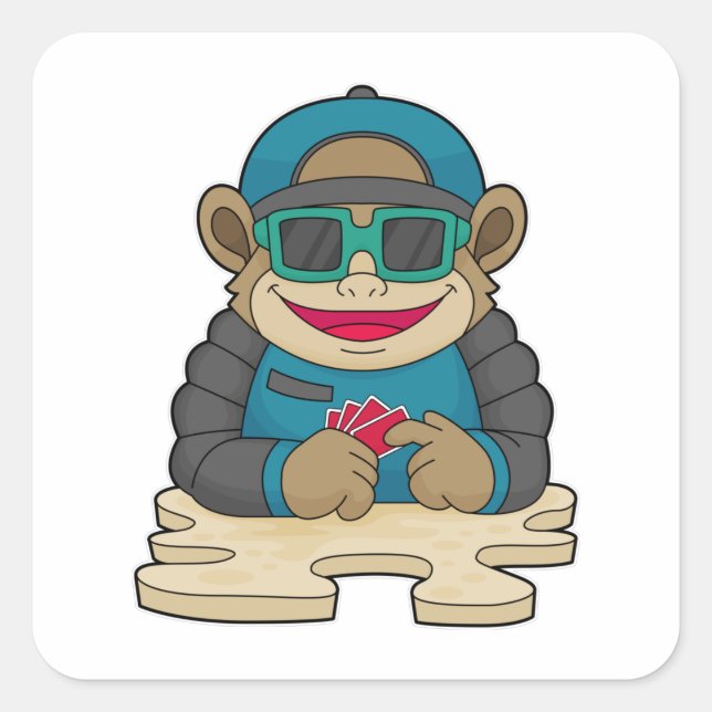 Monkey at Poker with Poker cards & Sunglasses Square Sticker (Front)