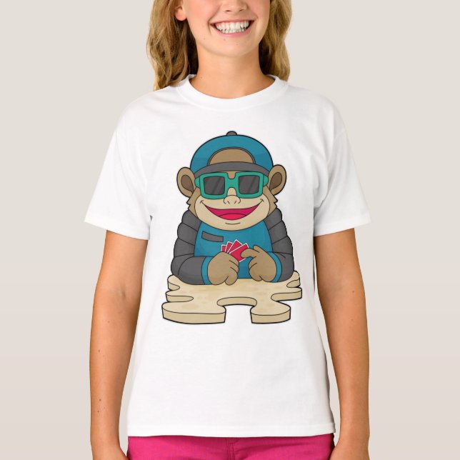 Monkey at Poker with Poker cards & Sunglasses T-Shirt (Front)