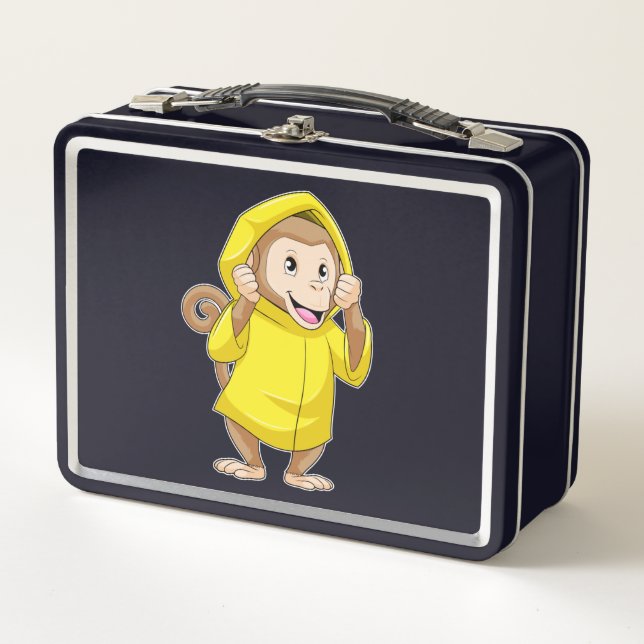 Monkey at Raining with Raincoat Metal Lunch Box (Front)
