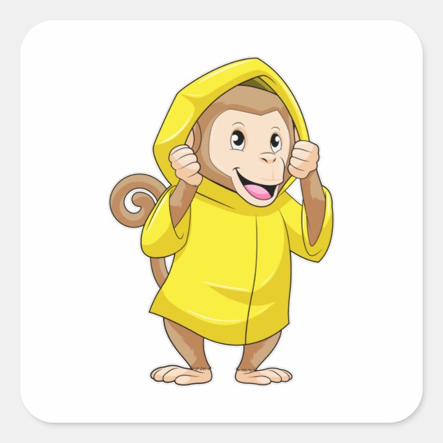 Monkey at Raining with Raincoat Square Sticker (Front)