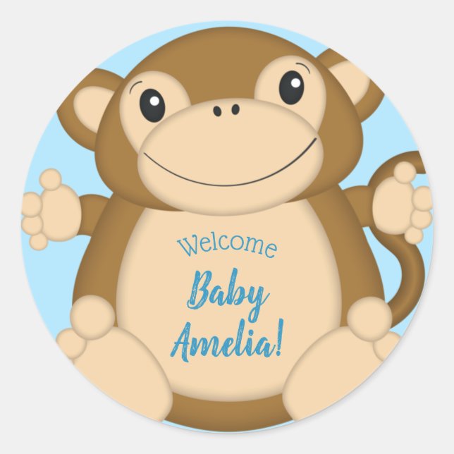 Monkey Baby Shower Blue Classic Round Sticker (Front)