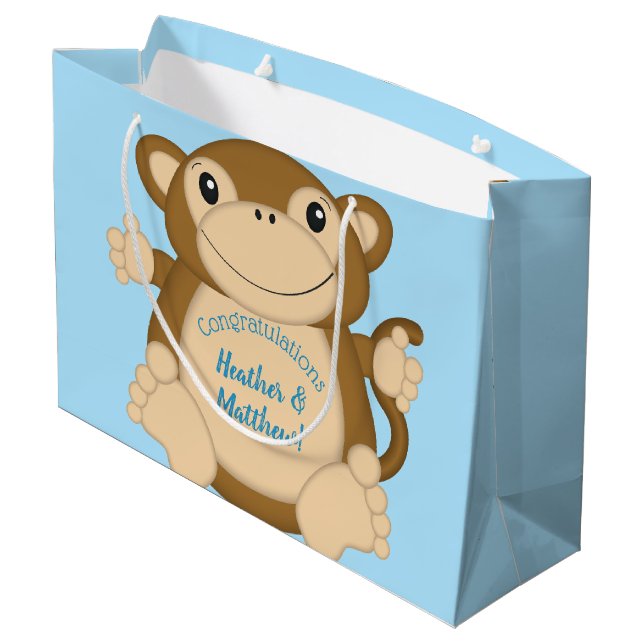 Monkey Baby Shower Blue Large Gift Bag (Back Angled)