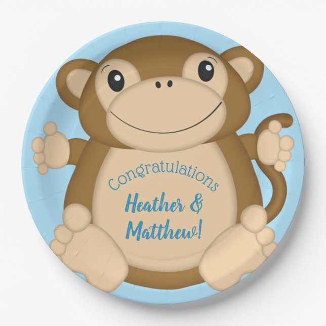 Monkey Baby Shower Blue Paper Plate (Front)