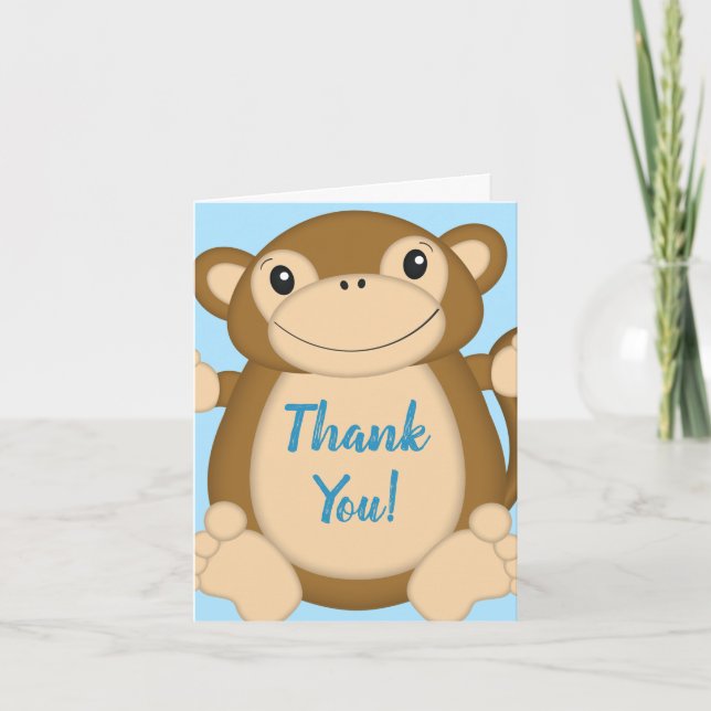 Monkey Baby Shower Blue Thank You Card (Front)