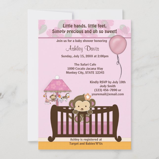MONKEY Baby Shower Invitation Crib ORCHID CJ-O (Front)