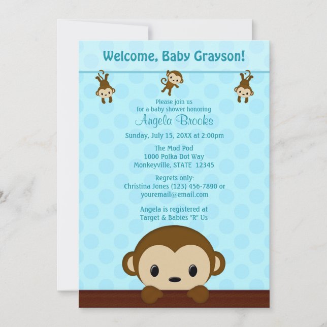 MONKEY Baby Shower invitation Polka Dot BLUE MPP3 (Front)