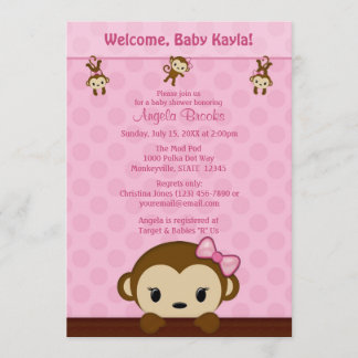 MONKEY Baby Shower invitation Polka Dot PINK GIRL