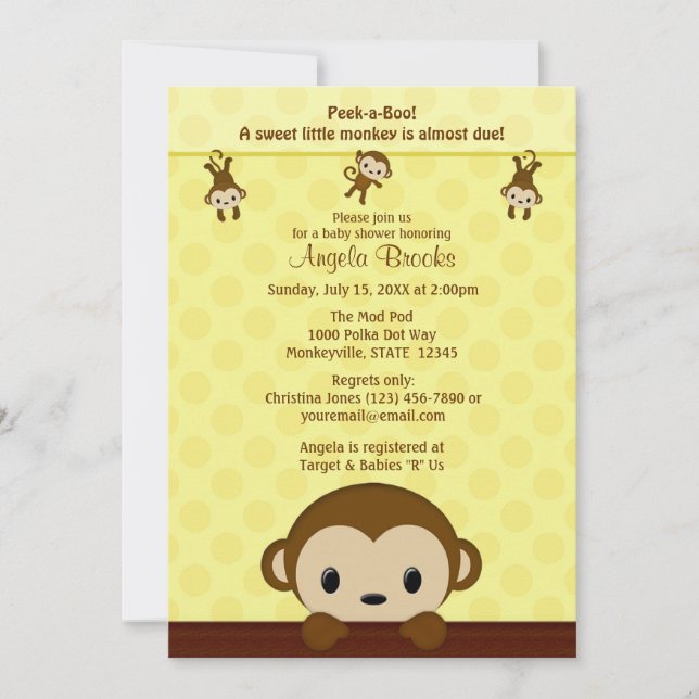 MONKEY Baby Shower invitation Polka Dot YELLOW MPP (Front)