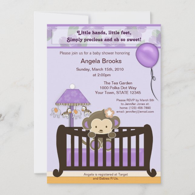 Monkey Baby Shower Invitation Purple (Front)