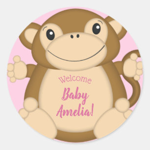 Monkey Baby Shower Pink Classic Round Sticker
