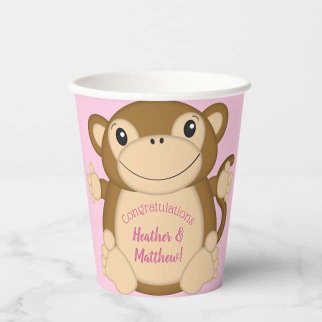 Monkey Baby Shower Pink Paper Cups (Front)