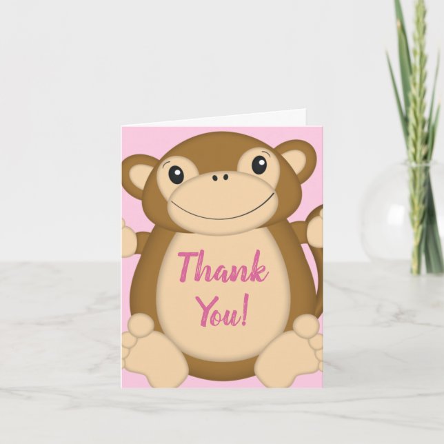 Monkey Baby Shower Pink Thank You Card (Front)