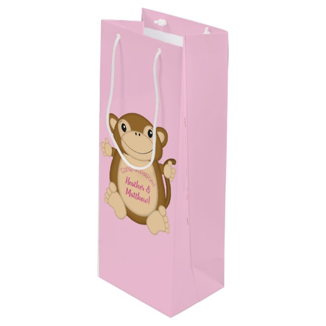 Monkey Baby Shower Pink Wine Gift Bag (Front Angled)