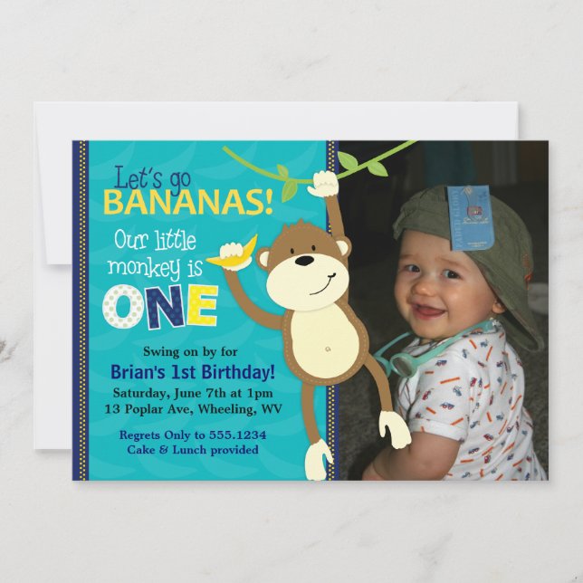 Monkey Bananas First Birthday Photo Invitations (Front)