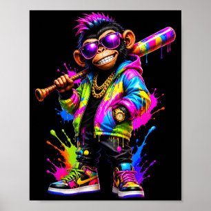 Monkey Baseball Drip Funny Animal Party Sport Cool Poster