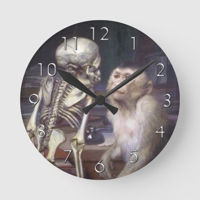 Monkey Before Skeleton Round Clock (Front)