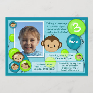 Monkey birthday invitation blue green (photo)