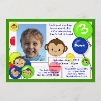 Monkey birthday invitation blue red green (photo)