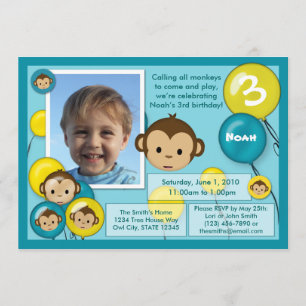 Monkey birthday invitation blue yellow (photo)