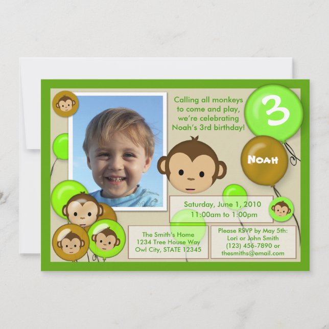 Monkey birthday invitation green brown (photo) (Front)