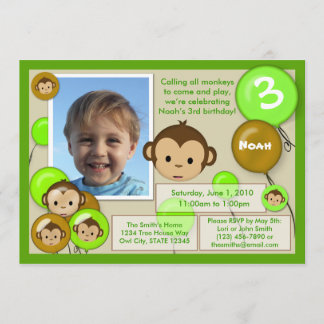 Monkey birthday invitation green brown (photo)