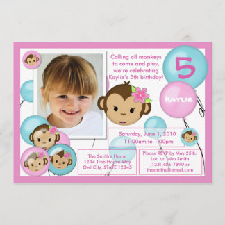 Monkey birthday invitation pink blue (photo)